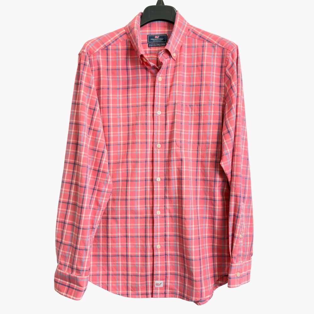 Vineyard Vines Men M Performance Murray Shirt Classic Fit Pink Plaid Button Down